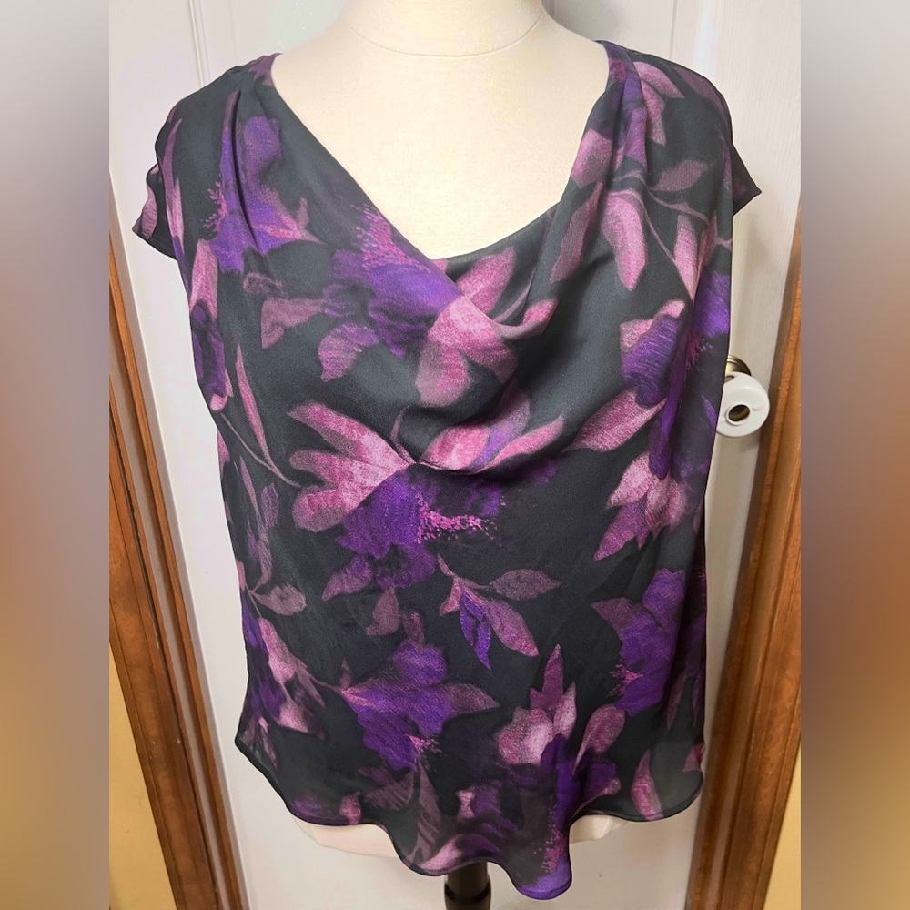 Charter Club Chiffon Sleeveless Blouse Tank Top Floral Purple/Black Size 20(2X)